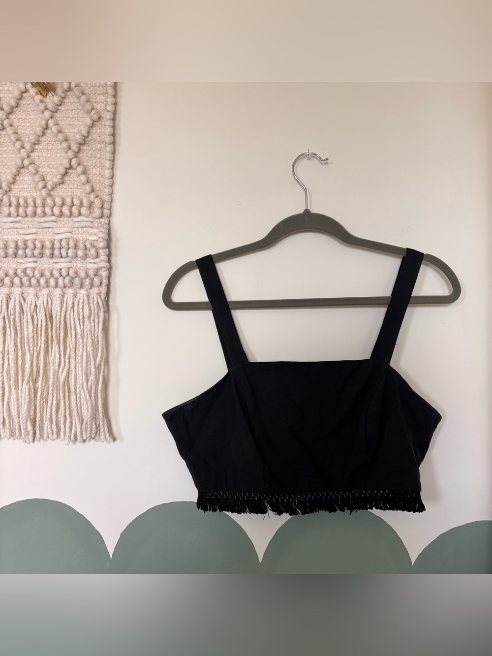 Blue Blush Black Cropped Fringe Tank - Women